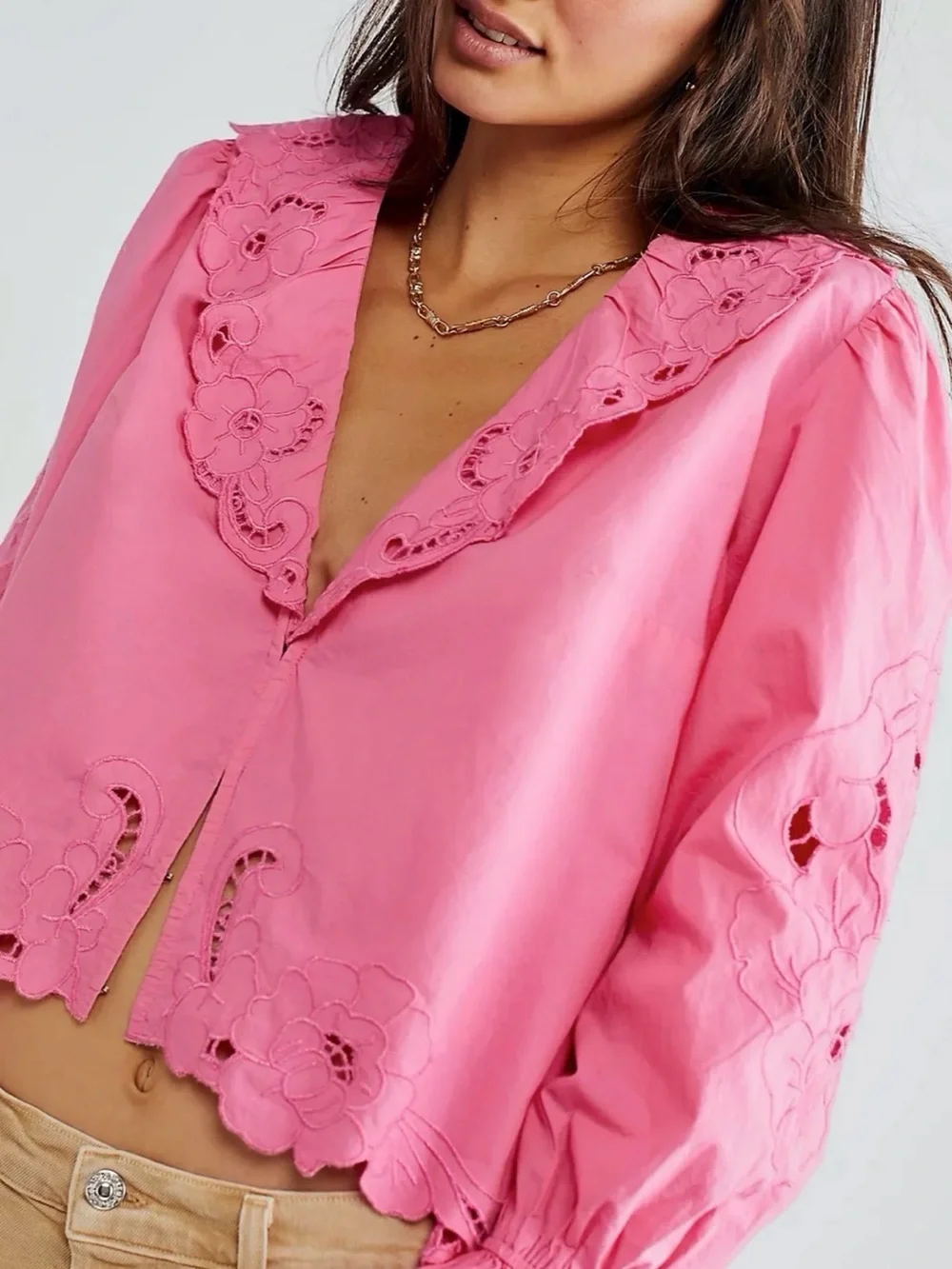 Free People Bubblegum Maisie Cutwork Blouse  🏄🏻‍♀️🥥